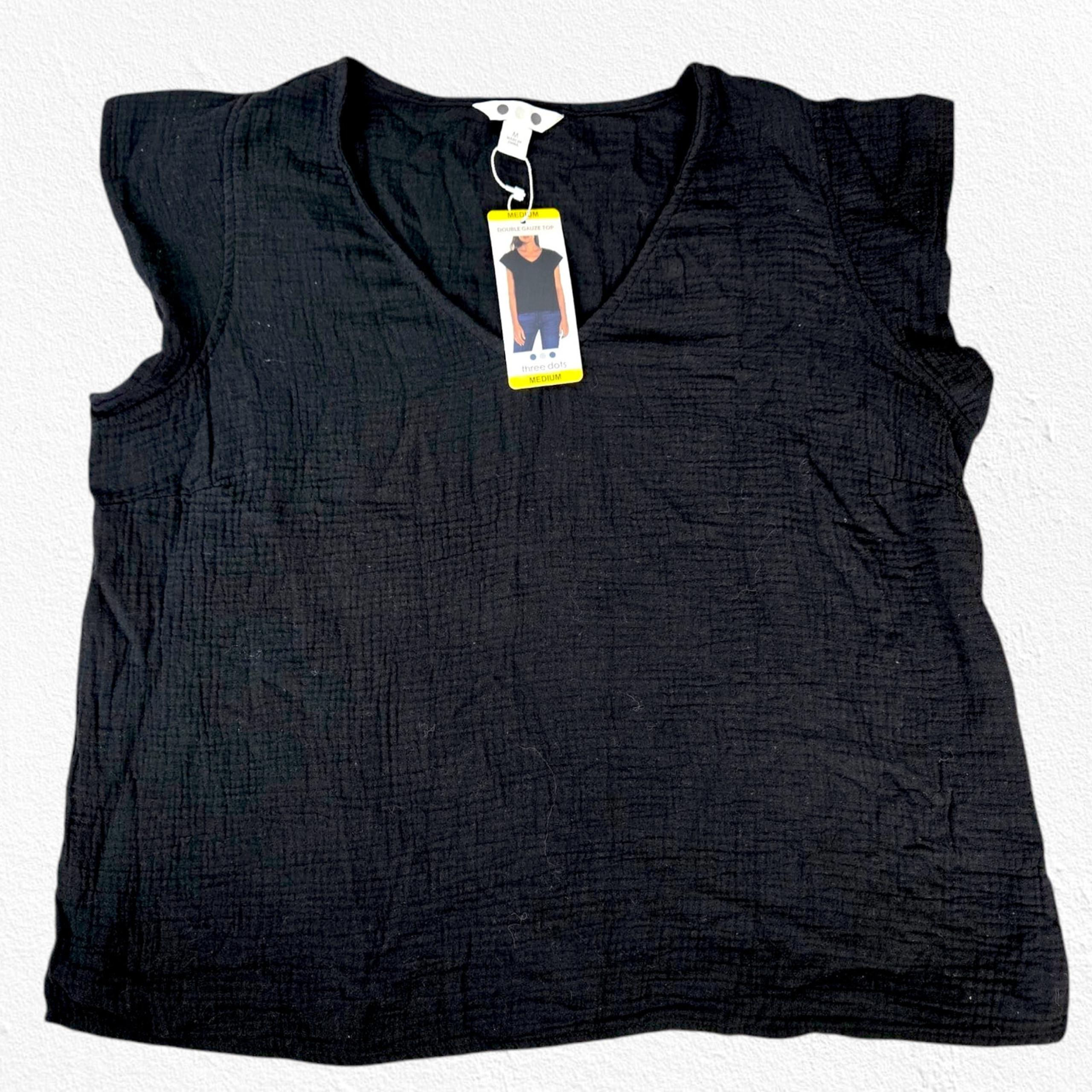 Three Dots Black Double Gauze V Neck Cap Sleeve Cotton Top Size Medium NWT $138