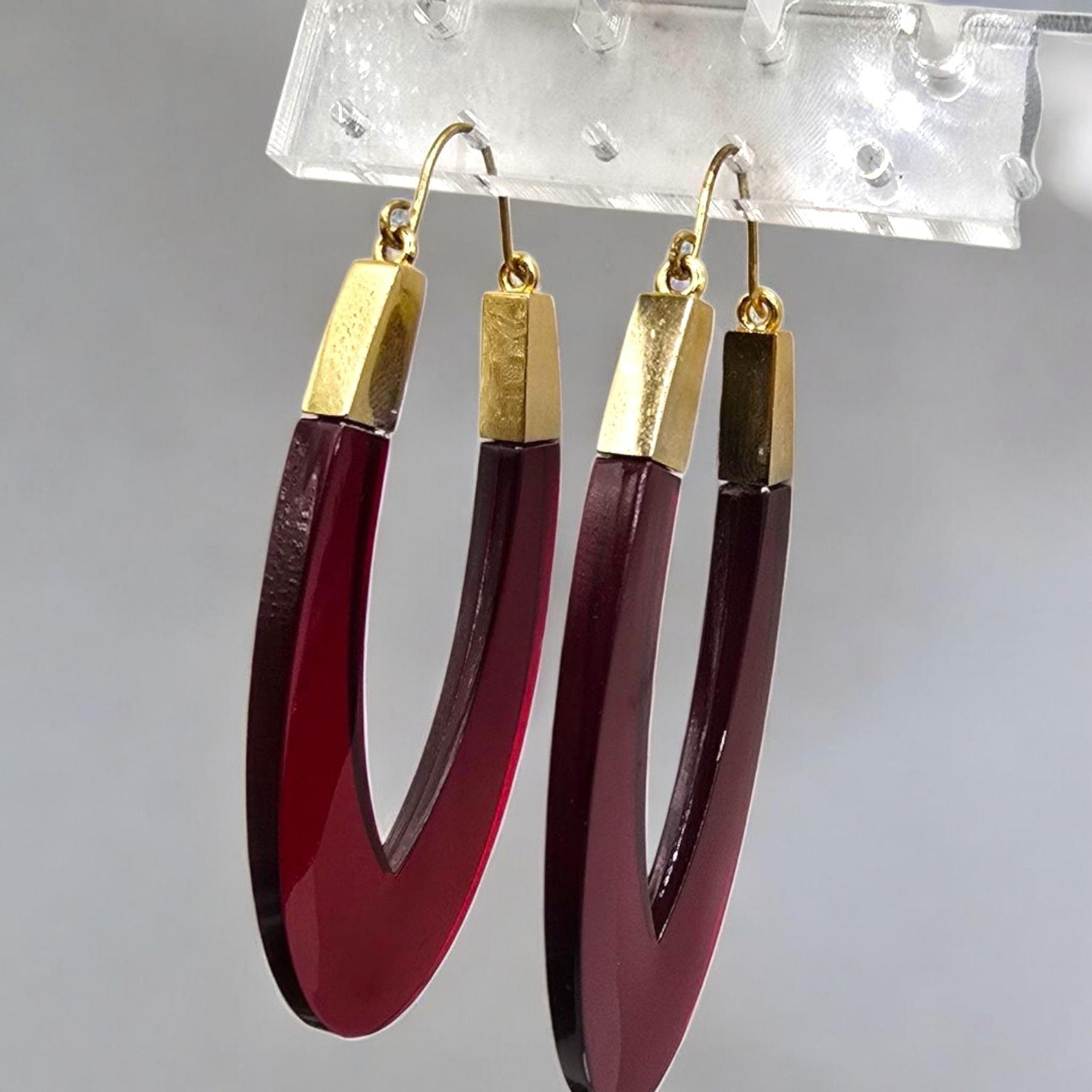 Long Hoop Basket Earrings Deep Red Glossy Acrylic Gold Tone Pierced Retro Style