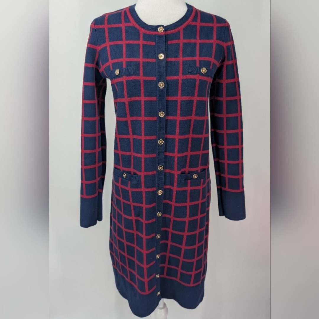 J. Peterman Luxury Blue Red Plaid Button Down Long Sleeve Sweater Dress Small