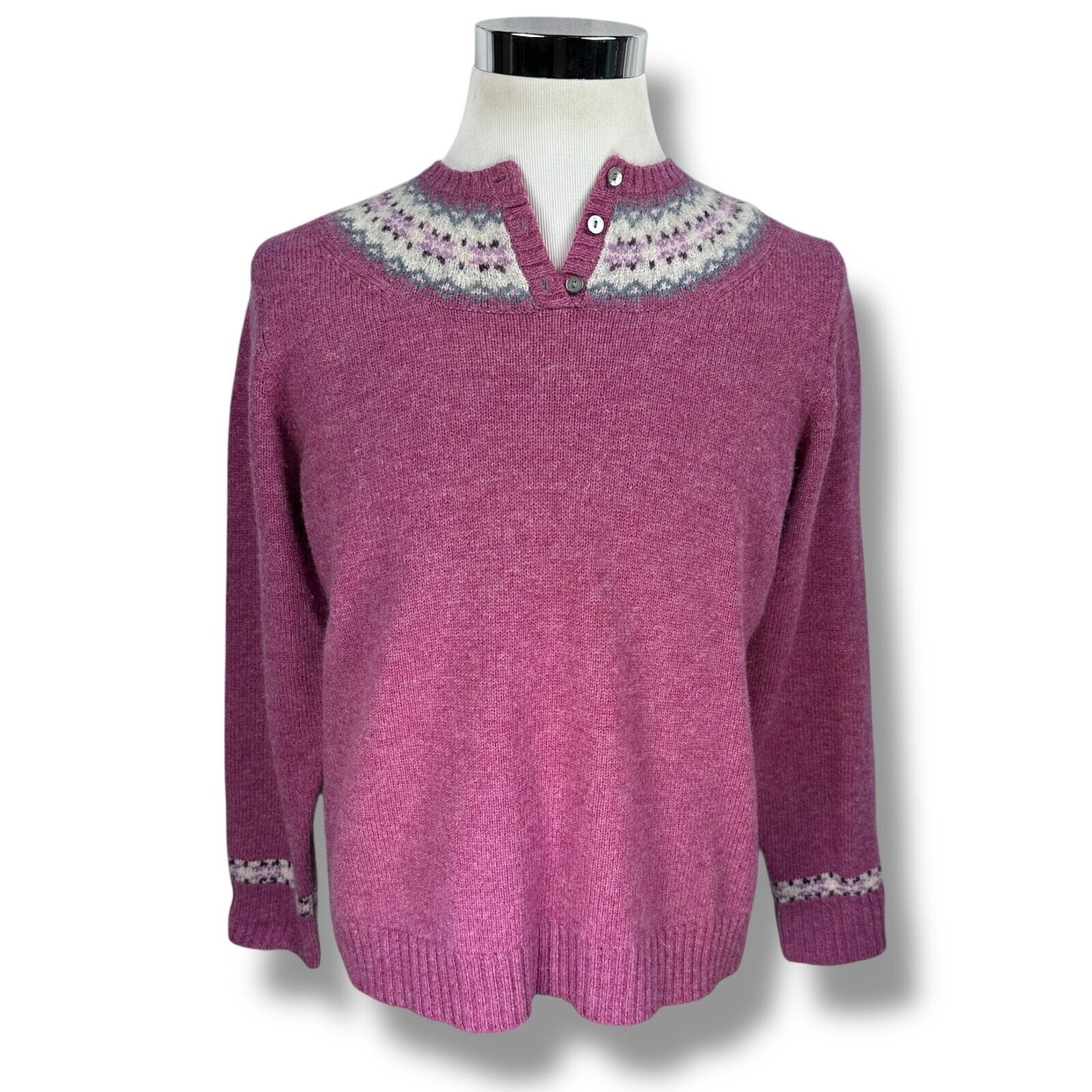 Vintage LL Bean Sweater Women's Large Pink Fair Isle 100% Shetland Wool Nordic