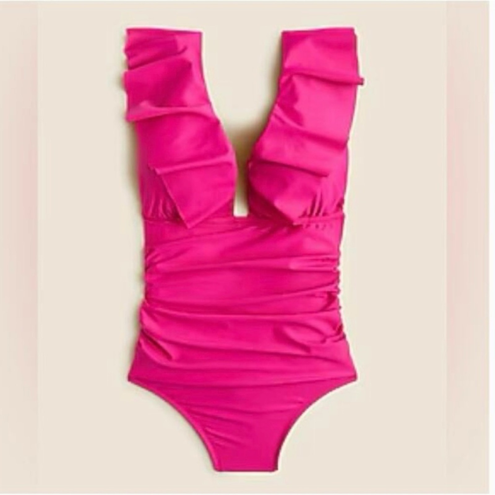 J. Crew Fuchsia Ruffle V-Neck One-Piece Swimsuit, Ruched, Size 6, NWT,