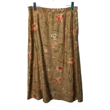 Vintage 80's Talbots Maxi Skirt Tan with Floral Print Rayon Linen Side Button