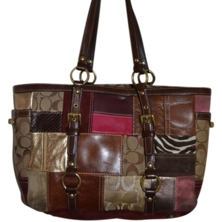 Coach Patchwork Brown/Magenta/Gold/Animal Print Leather/Suede Tote Purse