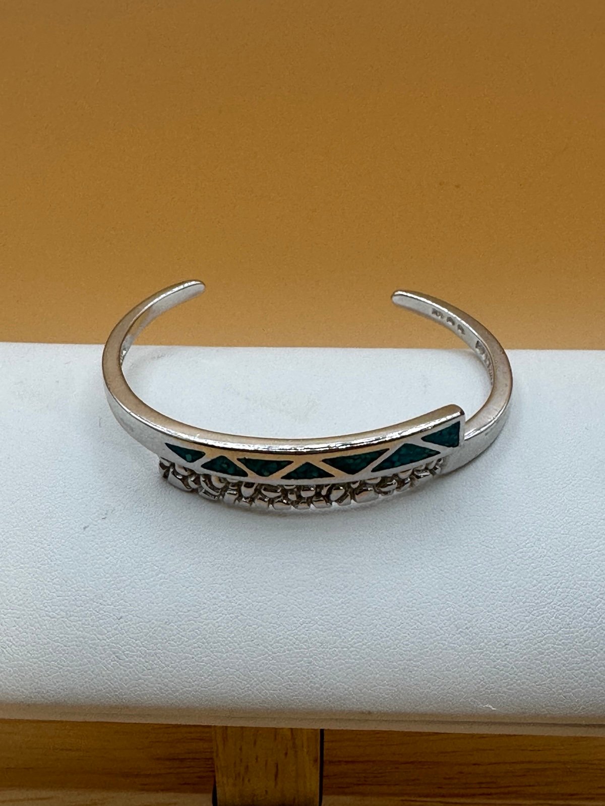 Sterling Silver Turquoise Inlay Bracelet Size 6 1/4 weighs 16.38 Grams Rhodium