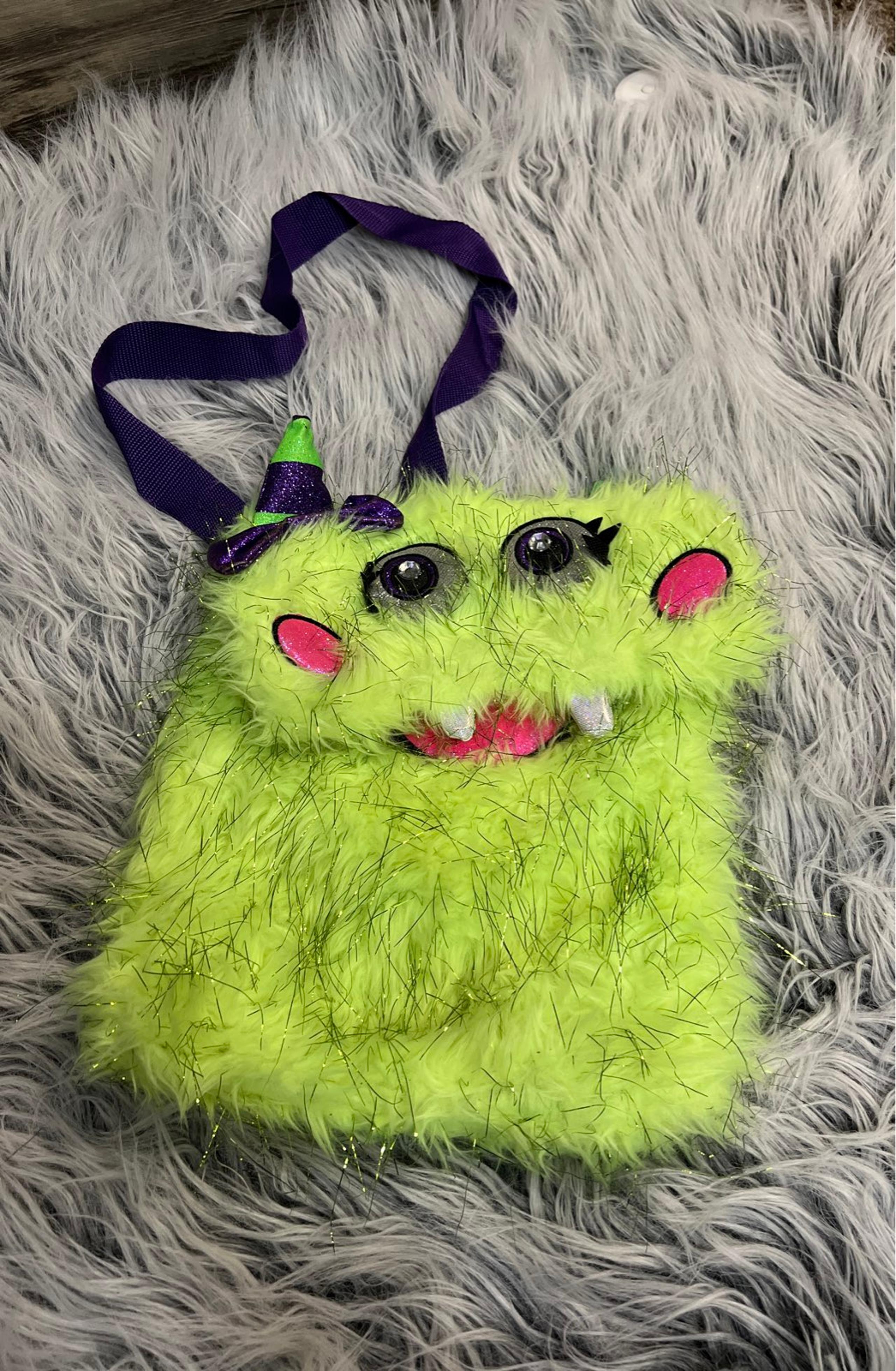 Justice Monster Purse backpack neon green Multi Colored Fur