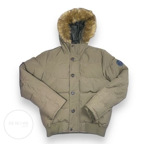 Tommy Hilfiger Mens Full Zip Faux Fur Hooded Parka Size Small Army Green