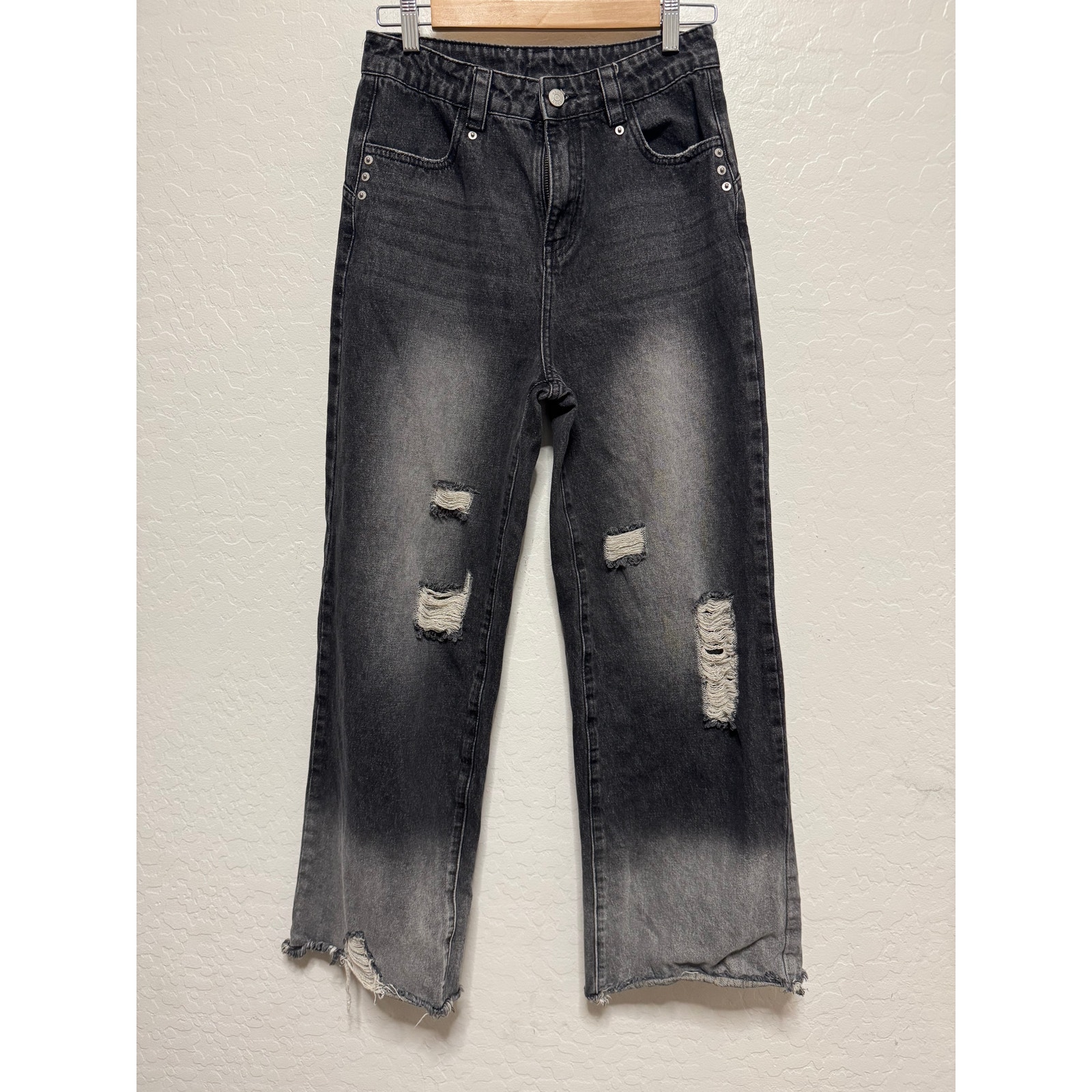Chuu Korean Womens Wide Leg Black Jeans Size 28 High Rise Distressed Hem