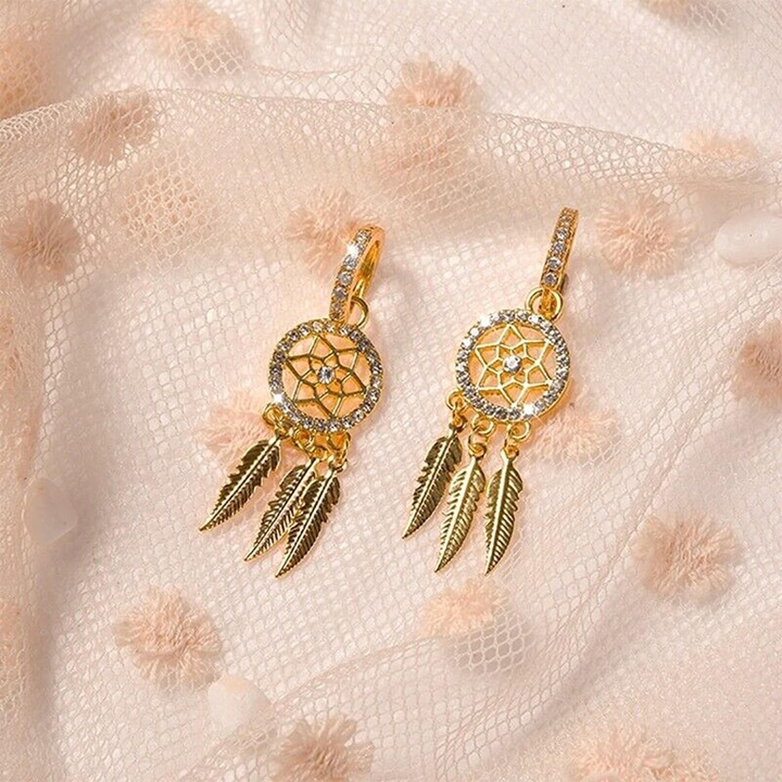 Women's Fashion Jewelry Gold Feather Dream Catcher Boho Drop Earrings