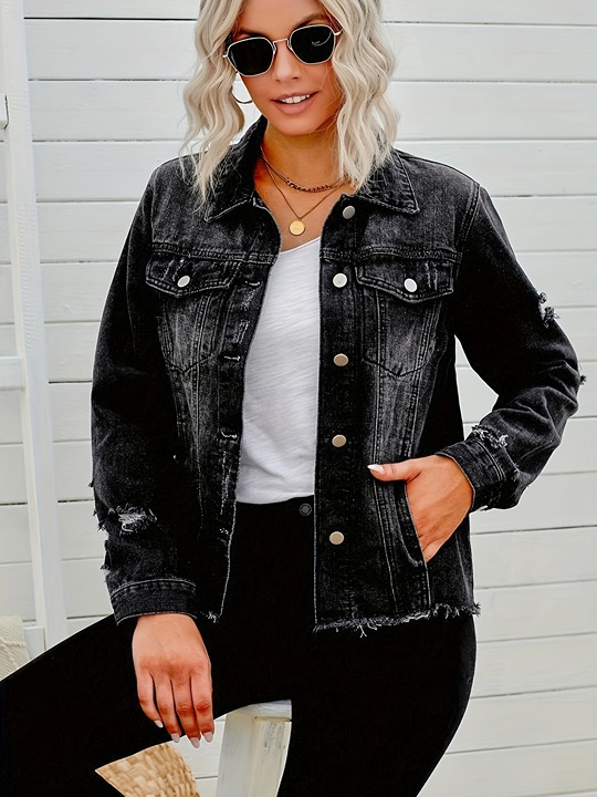 Black Lapel Distressed Denim Coats, Raw Hem Single-Breasted -sdj9