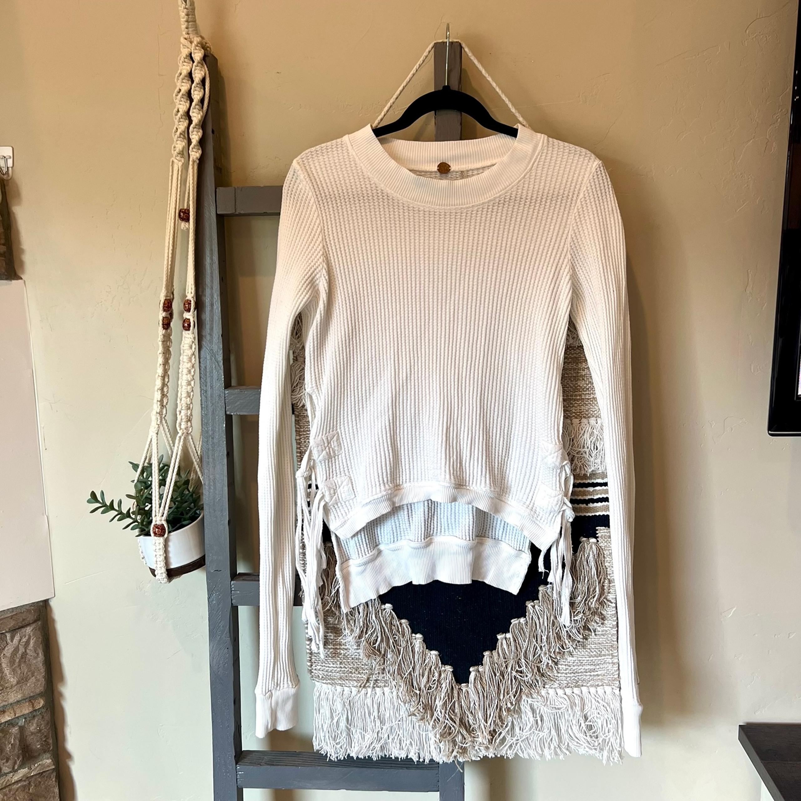 Free People FP One waffle knit pullover top size M White Side Tie #111