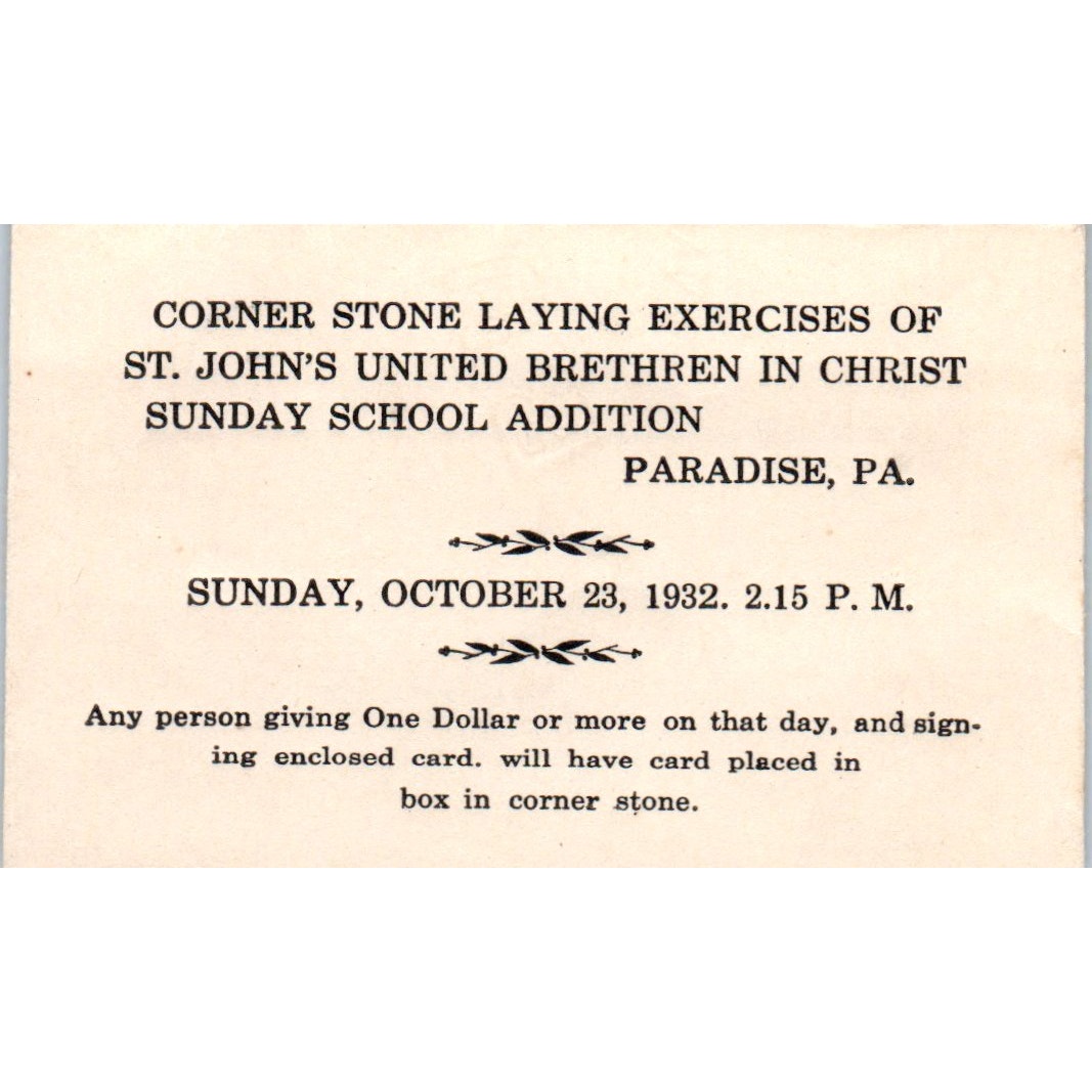 1932 Offering Envelope Cornerstone Laying St. John's United Paradise PA D21
