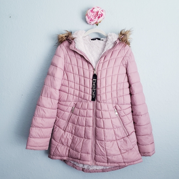 Bebe Dusty Rose QSuper Soft Lined Faux Fur Trim Quilted Puffer Jacket