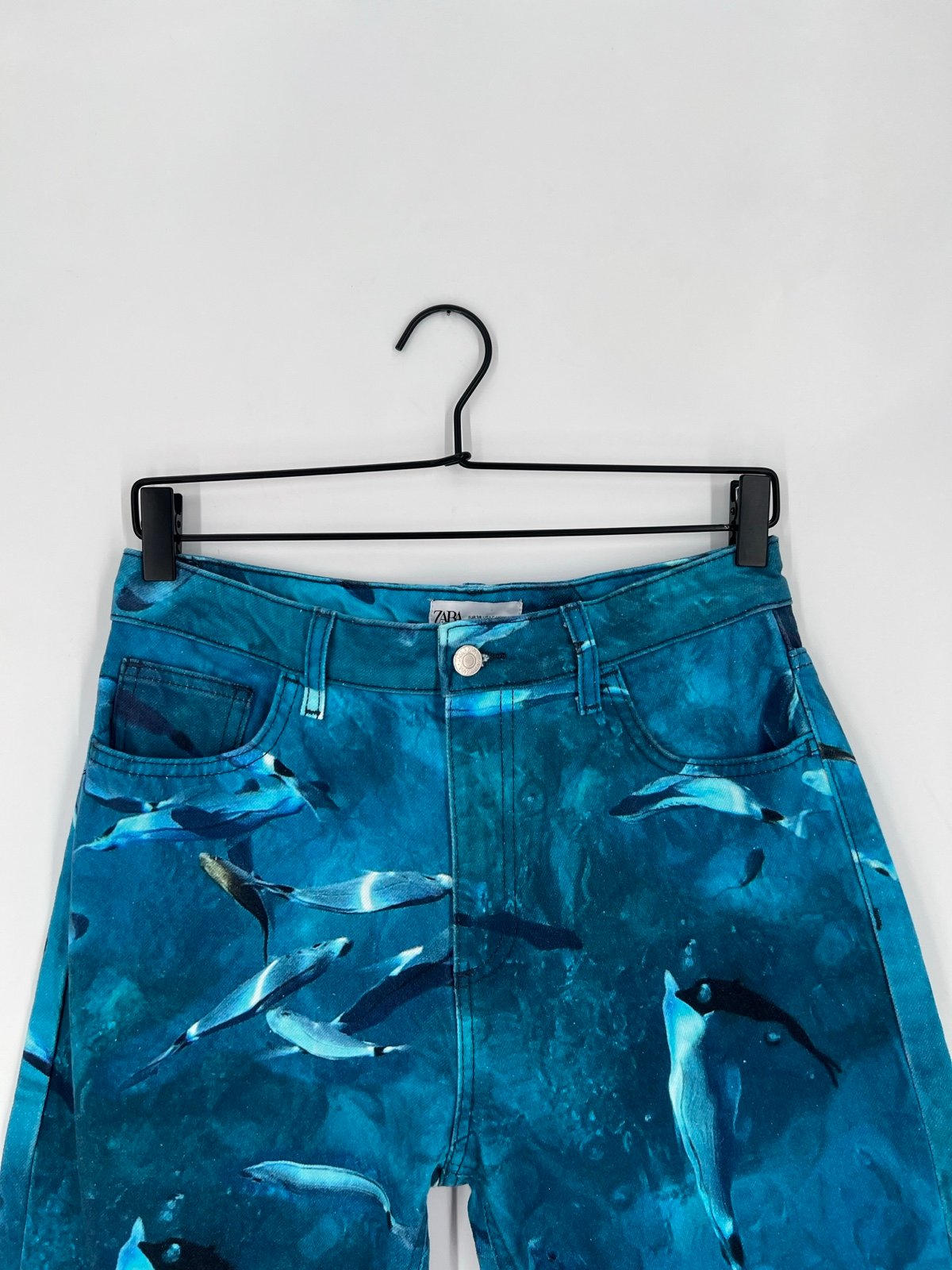 Zara Dolphin Fish Ocean Water Printed Retro High Rise Straight Leg Pants