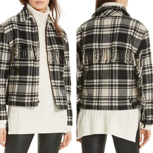 Polo Ralph Lauren Black Cream Wool Plaid Fringe Jacket