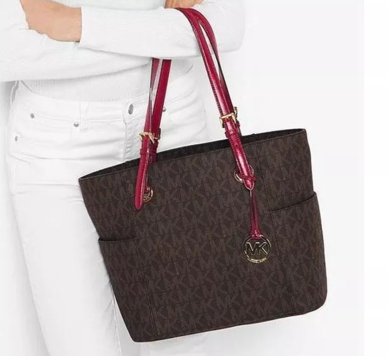 Michael Kors Jet Set Signature EW Tote Brown Cherry Red