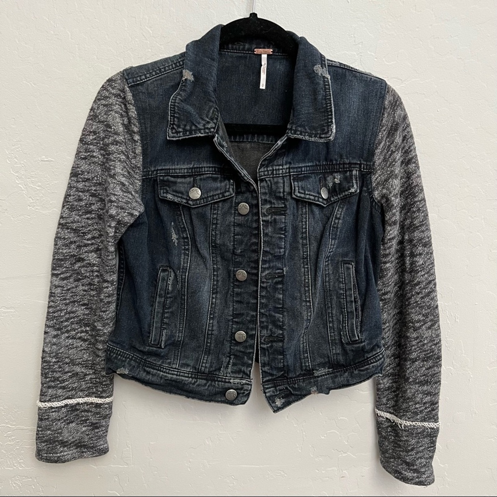 Free People Layered Knit Hooded Denim Jacket Washed Dark