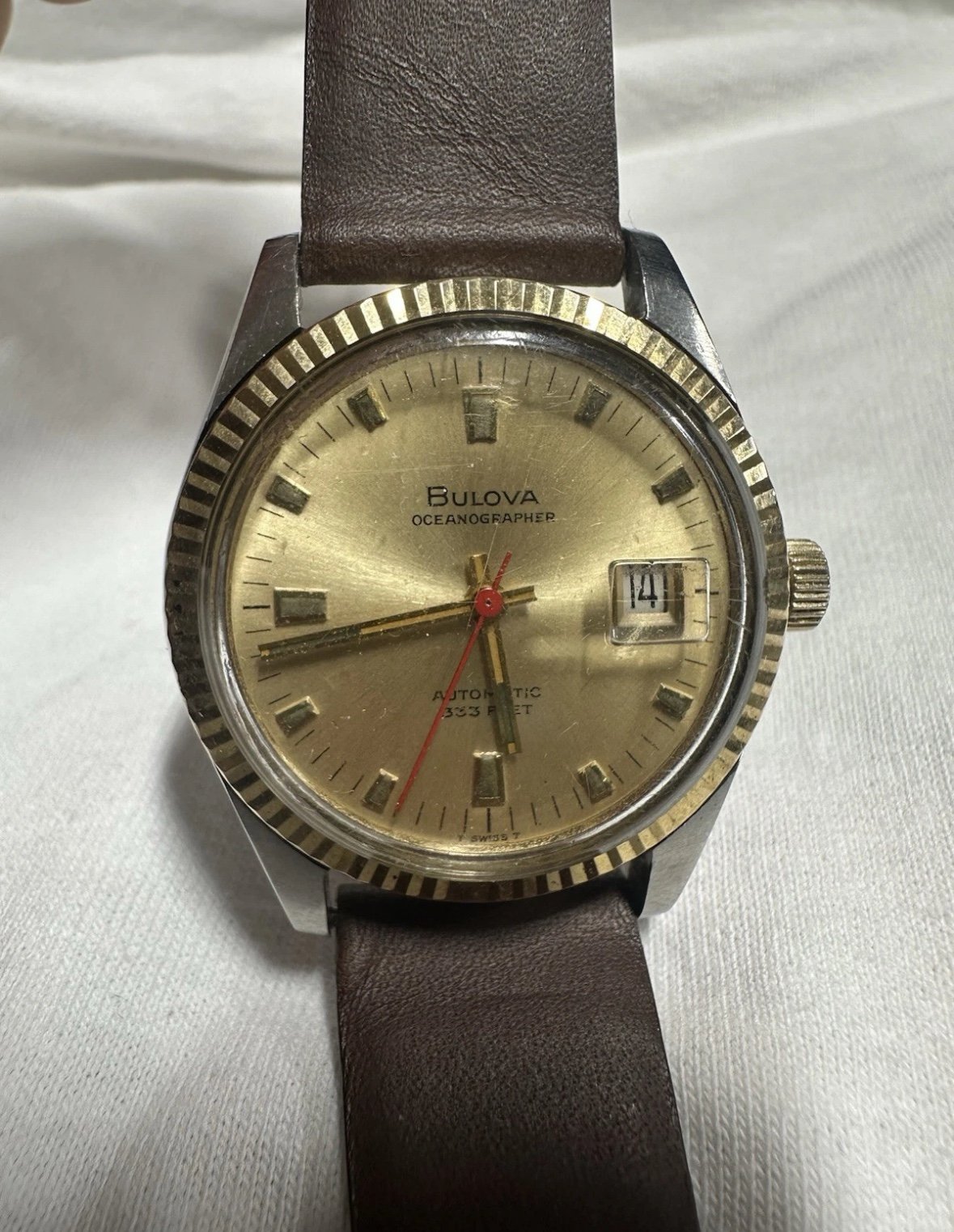 VTG BULOVA 1970s OCEANOGRAPHER 333 FEET 10K GOLD BEZEL N1 Men’s Watch, With Box