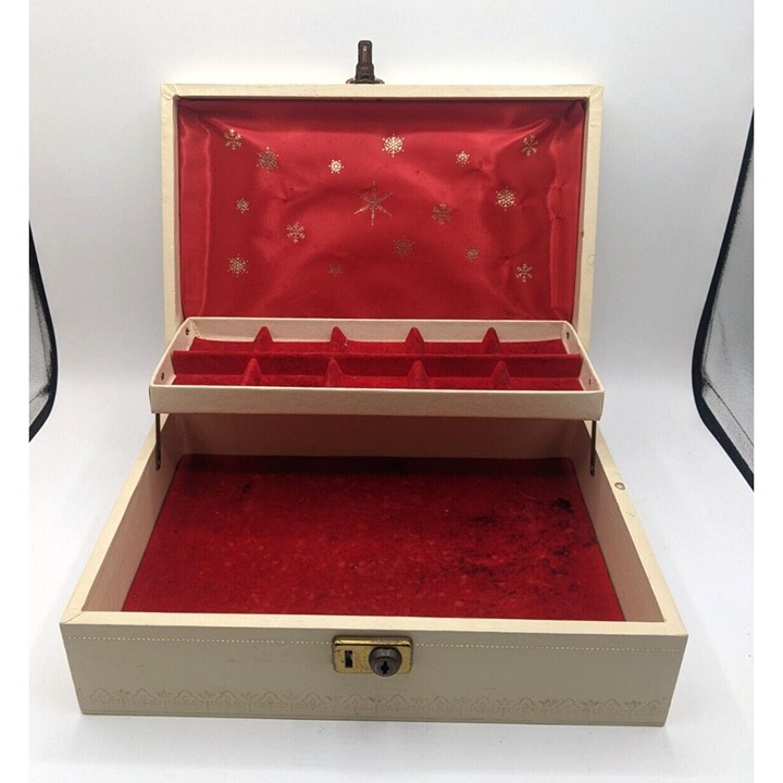 Vintage Jewelry Box Ivory Leatherette Red Velvet Lining Hinged Lid 8 x 11 x 3.5