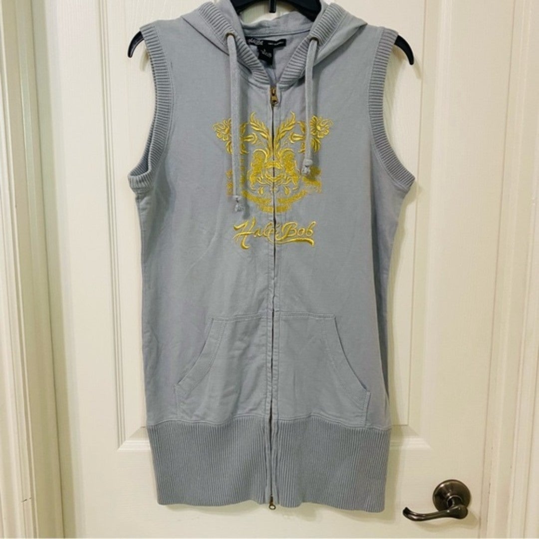 Hale Bob Womens Hooded Full Zip Vest Grey with Gold Embroidered Crest Size L