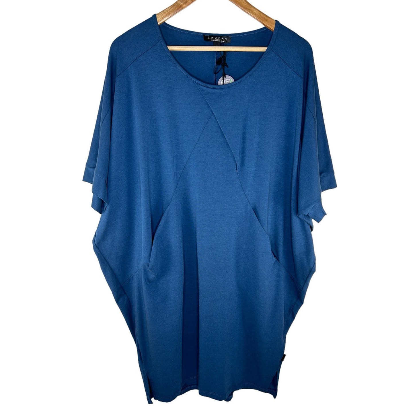 LUUKAA Lagenlook Dress Size 6 Blue Bamboo Knit Boxy Tapered NWT