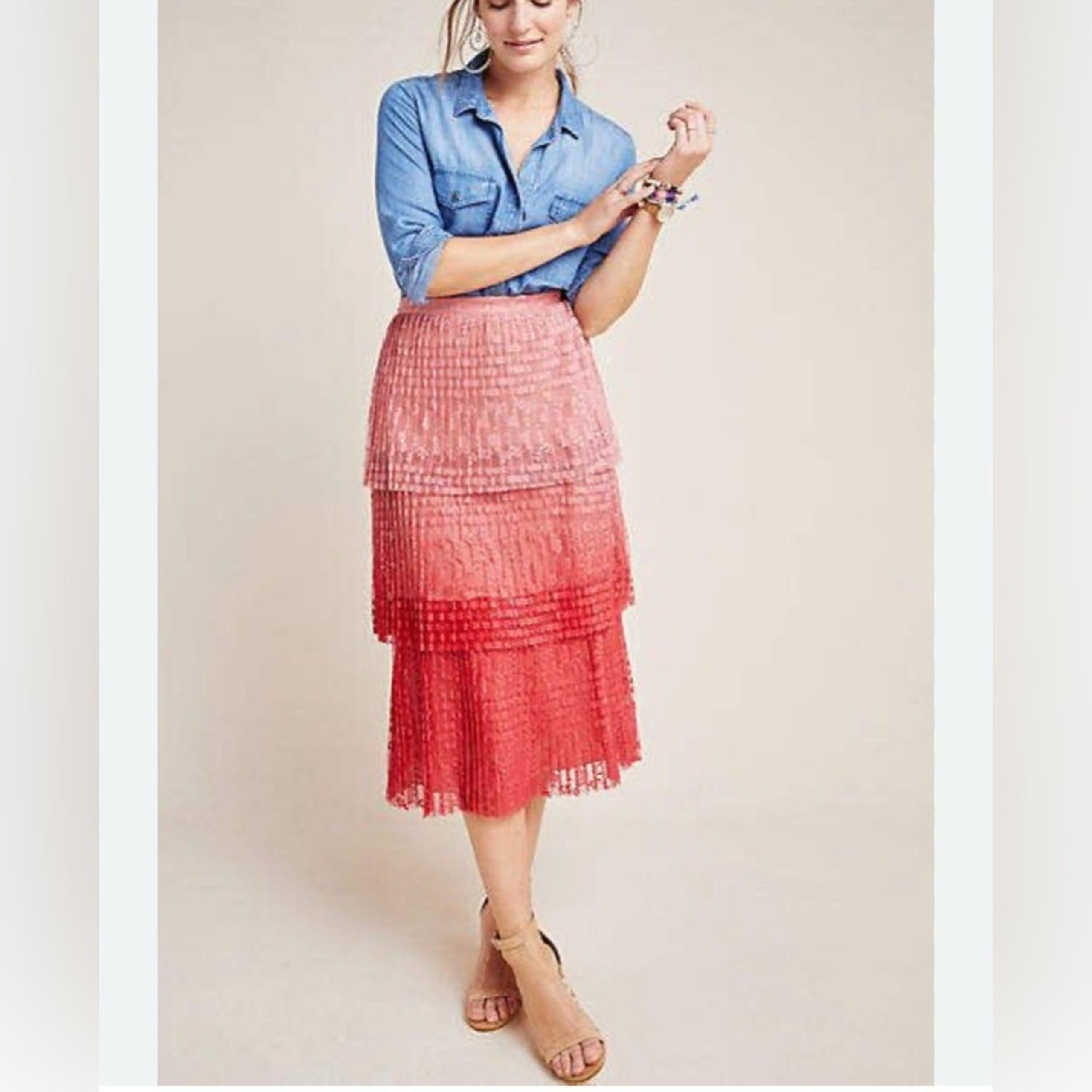 Anthropologie Maeve NWT women's Brighton Tiered Midi skirt Pink ombré lace SZ 8