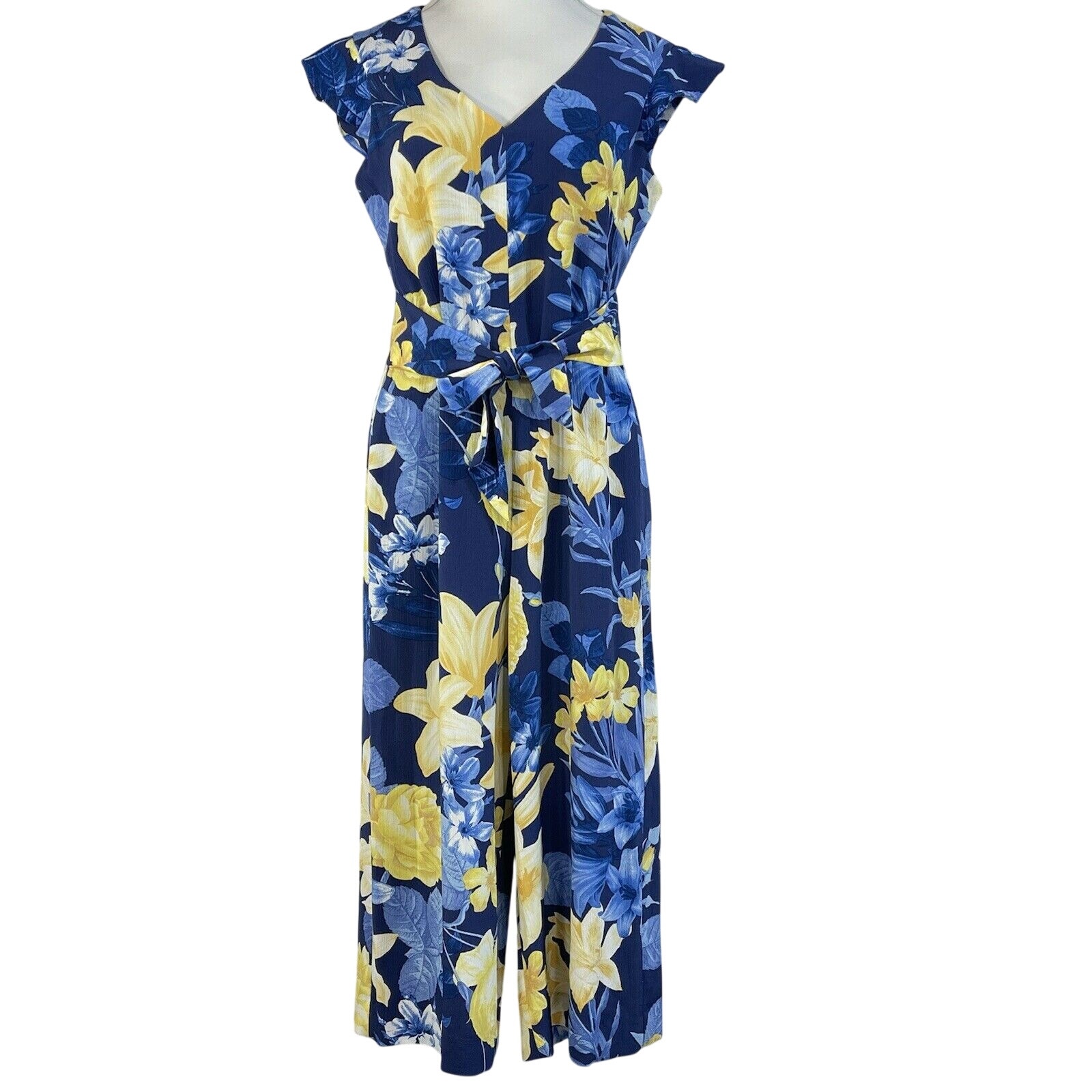 INC SZ 6 Capri Jumpsuit Floral Ruffled Cap Sleeves V-Neck Pocket Wide Leg Zipper