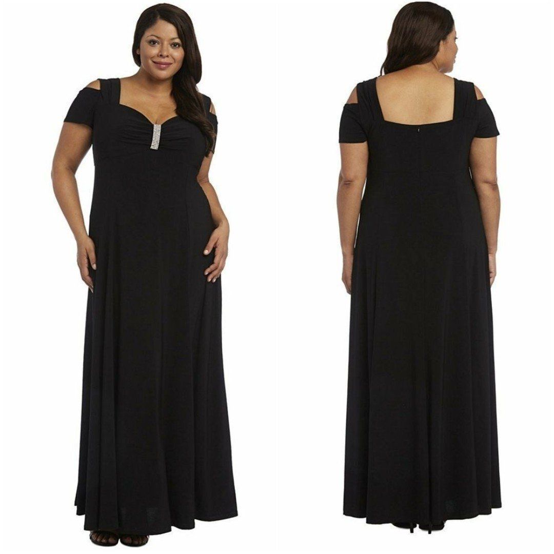 New! R&M RICHARDS Cold-Shoulder Gown Black Dress Plus Size Rhinestone Trim 14W