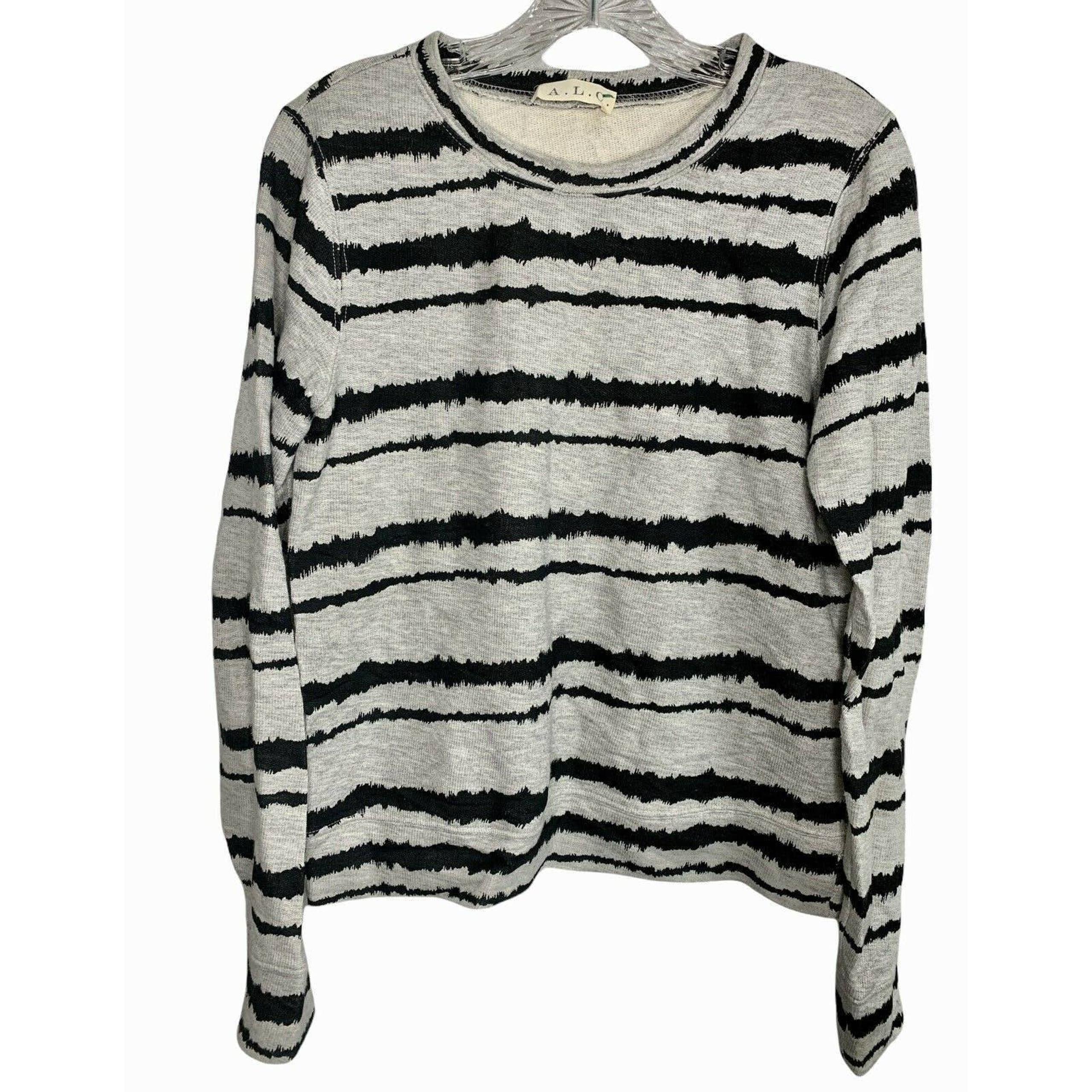 ALC Womens Striped Jersey Crew Neck Sweater Black Gray Size Small