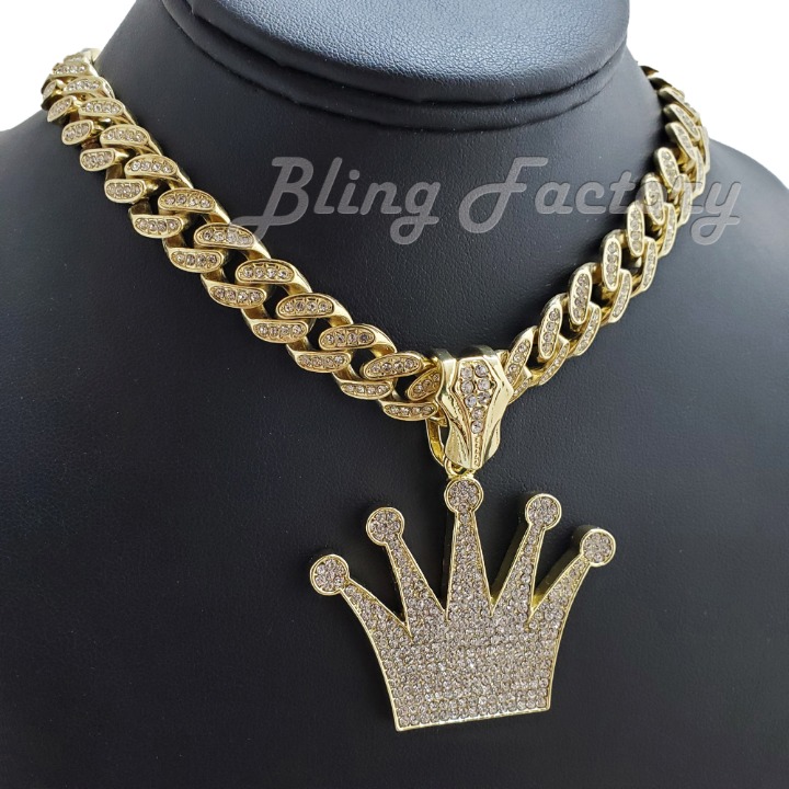 Gold Crown Pendant 18 Iced Cuban Chain
