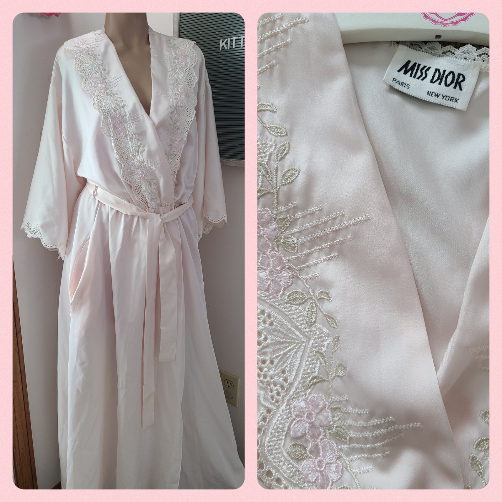 Vintage DIOR Silky Satin Embroidered Full Length Dressing Robe Size M