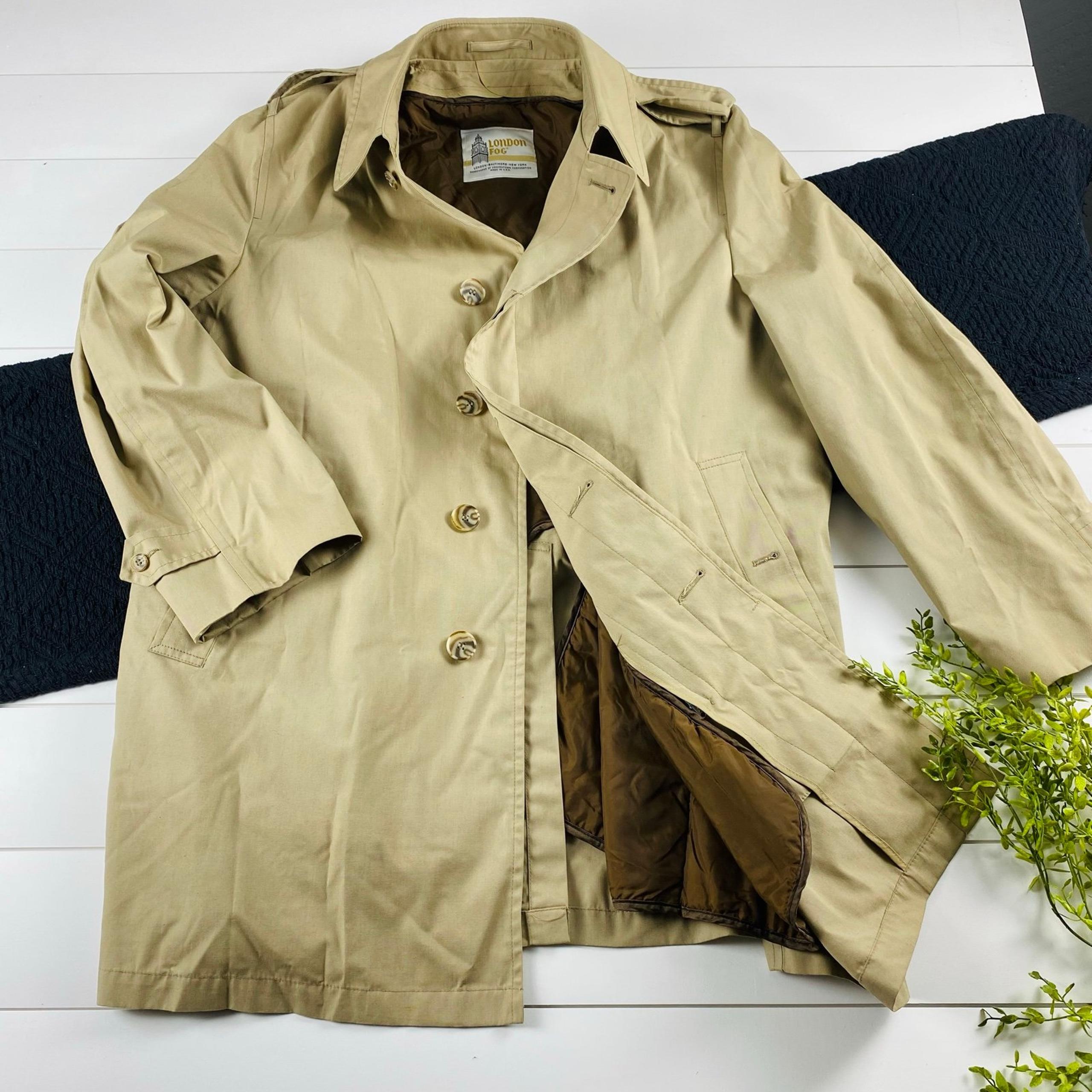 Mens London Fog Trench Coat 44 Reg Khaki Fully Removable Liner