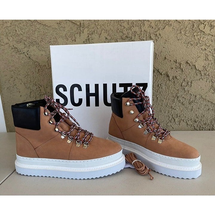 NIB SCHUTZ MARLUA PLATFORM LACE UP HONEY BEIGE BOOTS SZ 8B