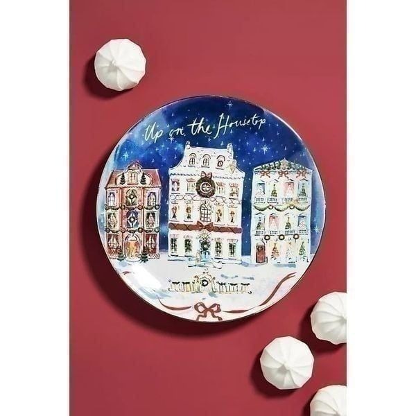 ANTHROPOLOGIE Susannah Garrod 'Tis The Season Dessert Plate Rooftop Housetop