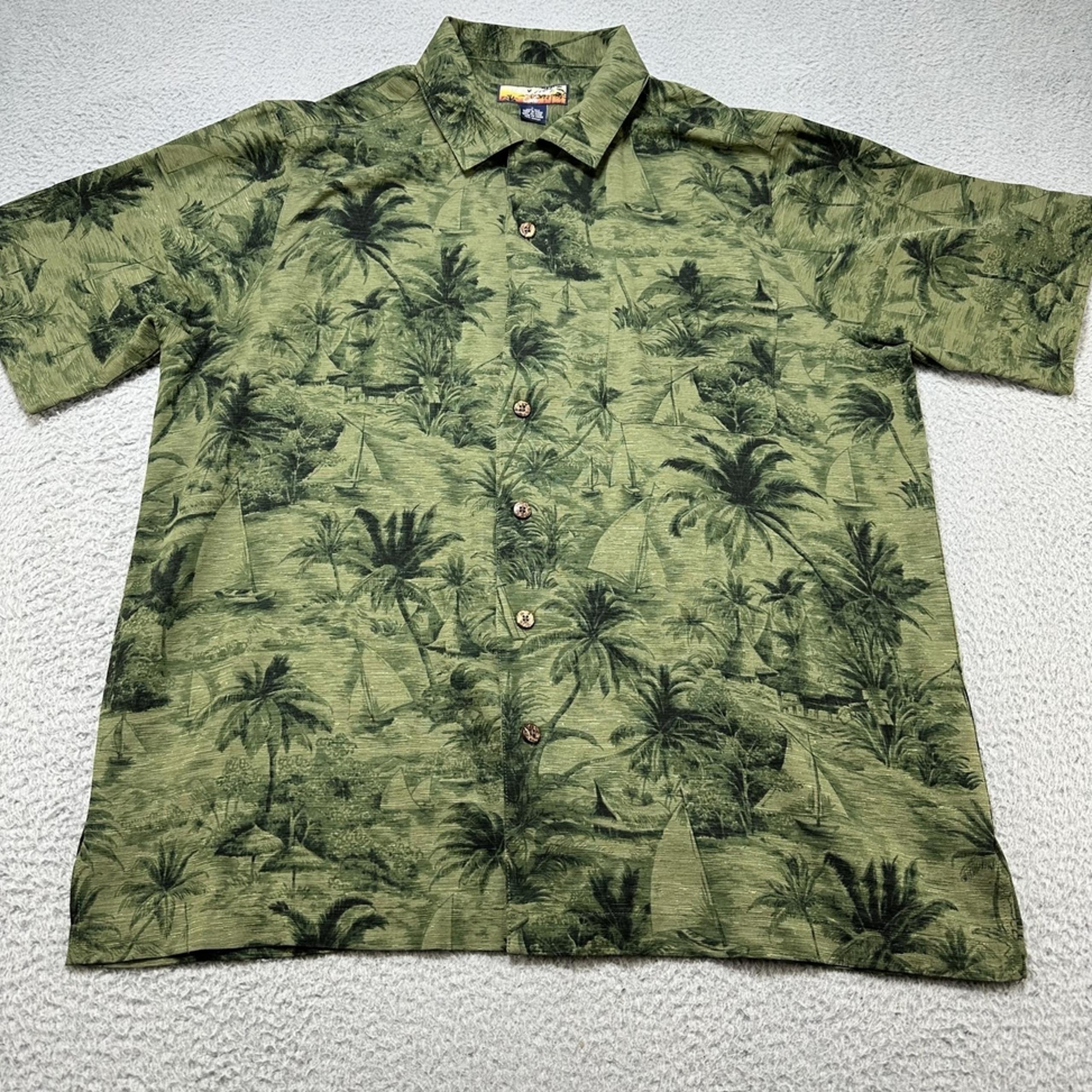 Havana Jack's Cafe Shirt Men's Large Silk Hawaiian Palm Tree Sailboat Casual