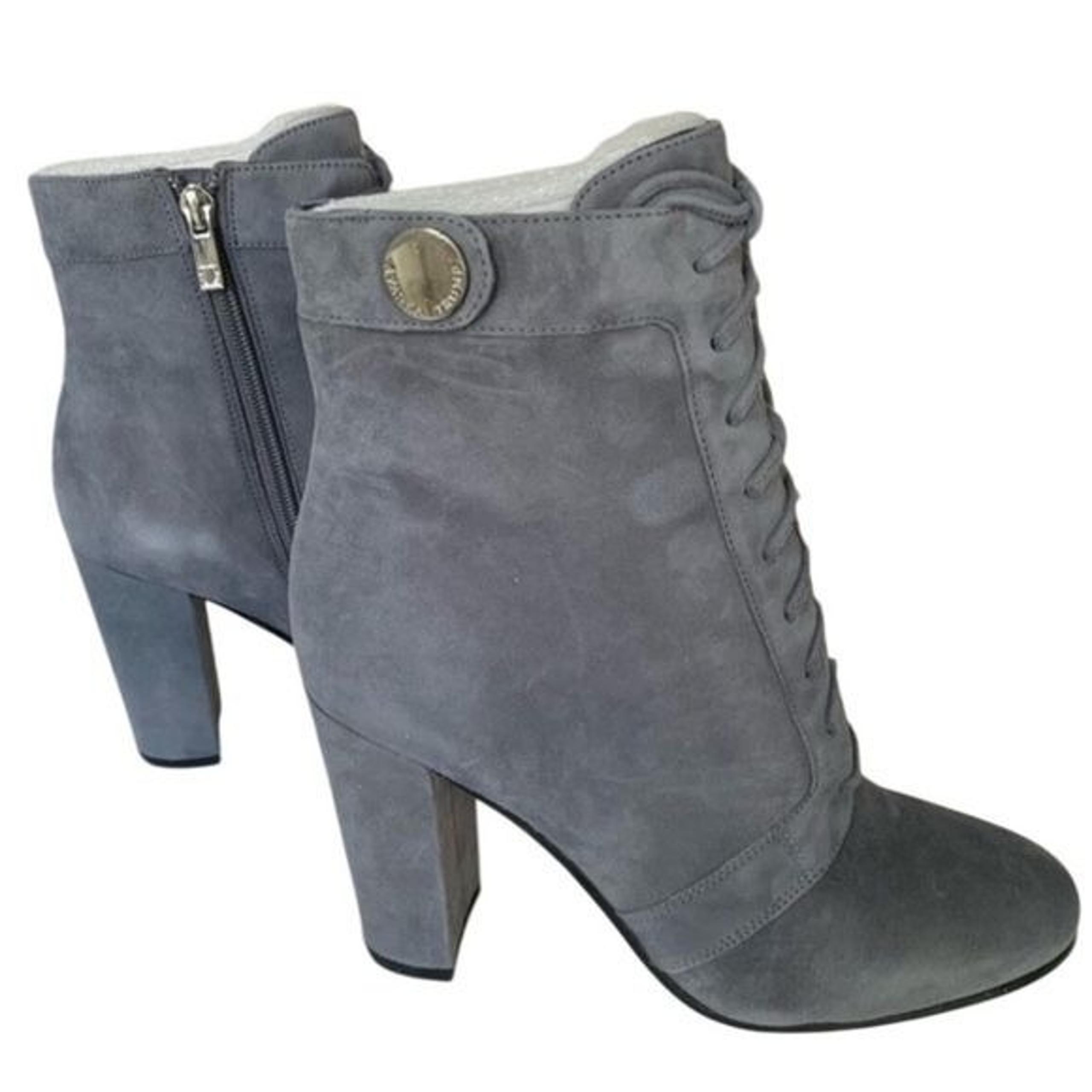 Ivanka Trump Women Ankle Boots Size 6M Gray Lace-Up Suede Block Heel Side Zipper