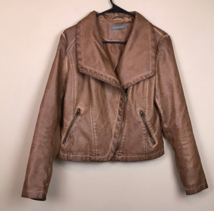 Bagatelle Women’s Faux Leather Vegan Tan Brown Asymmetrical Zipper Moto Jacket