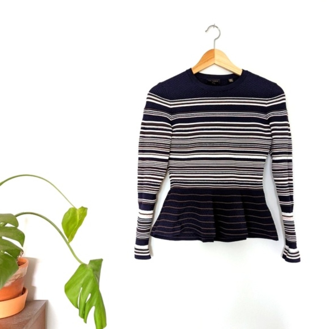 Ted Baker London Leytina Navy & White Stripe Peplum Sweater