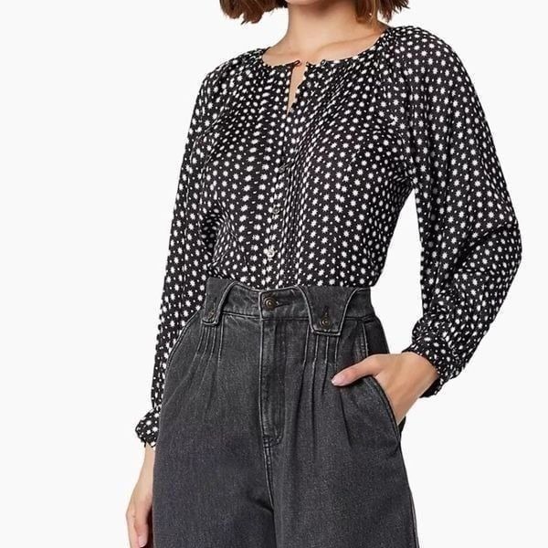 Joie Hadley Black Pleated Star Print Long Sleeve Top | Size XS