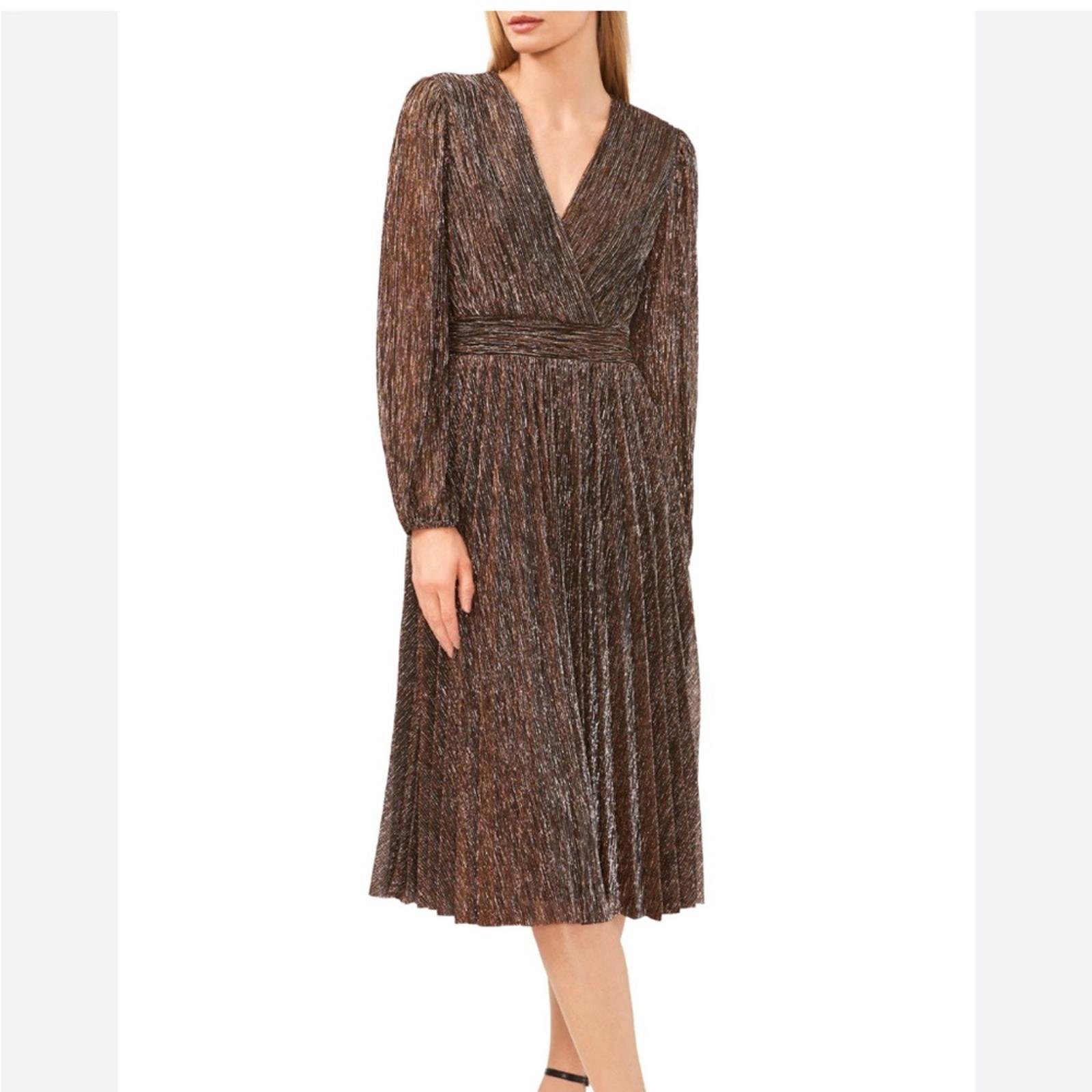 Halogen Long Sleeve Metallic Plissé Midi Dress