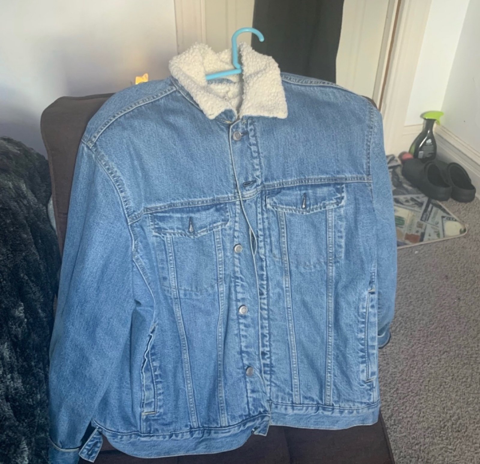 Baby Blue Lined Denim Jacket with Faux Fur Trimmed