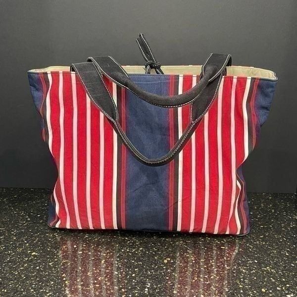 Kate Spade Vertical Striped Blue Canvas Satchel