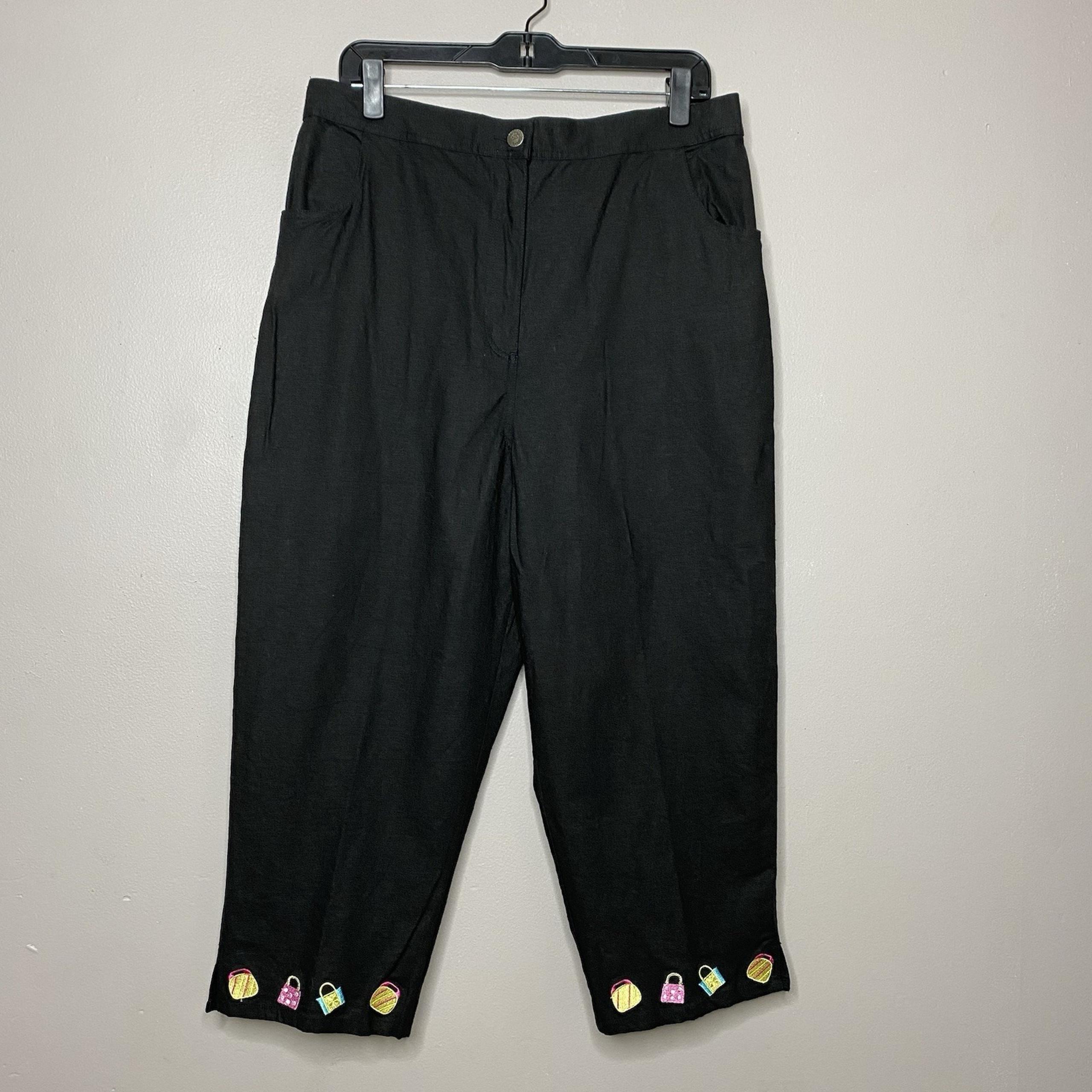 Quacker Factory Pants Cropped Linen Blend Embroidered Purses Bags Black Size XL