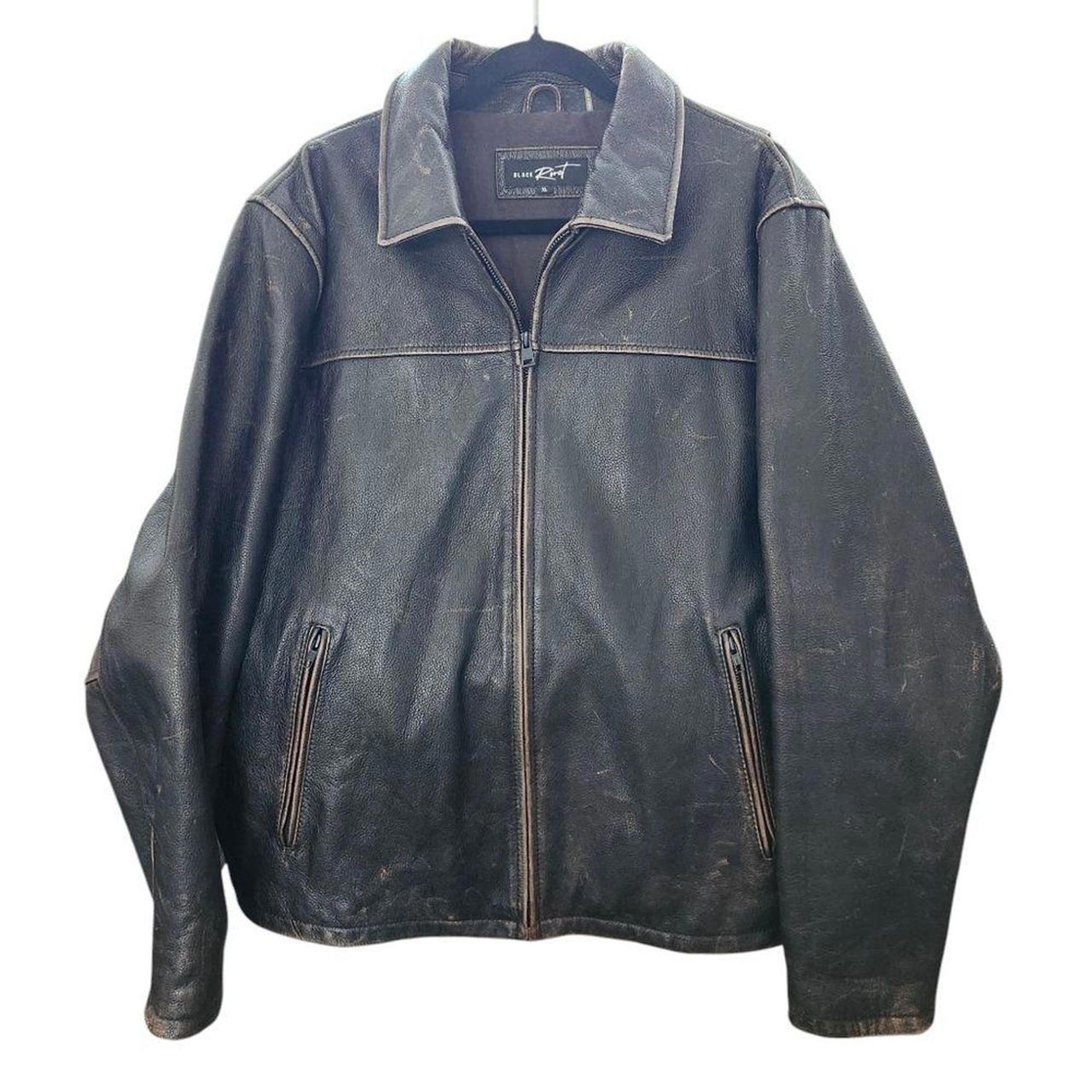 Black Rivet Y2K Vintage Leather Moto Bomber Jacket Mens XL Distressed Brown