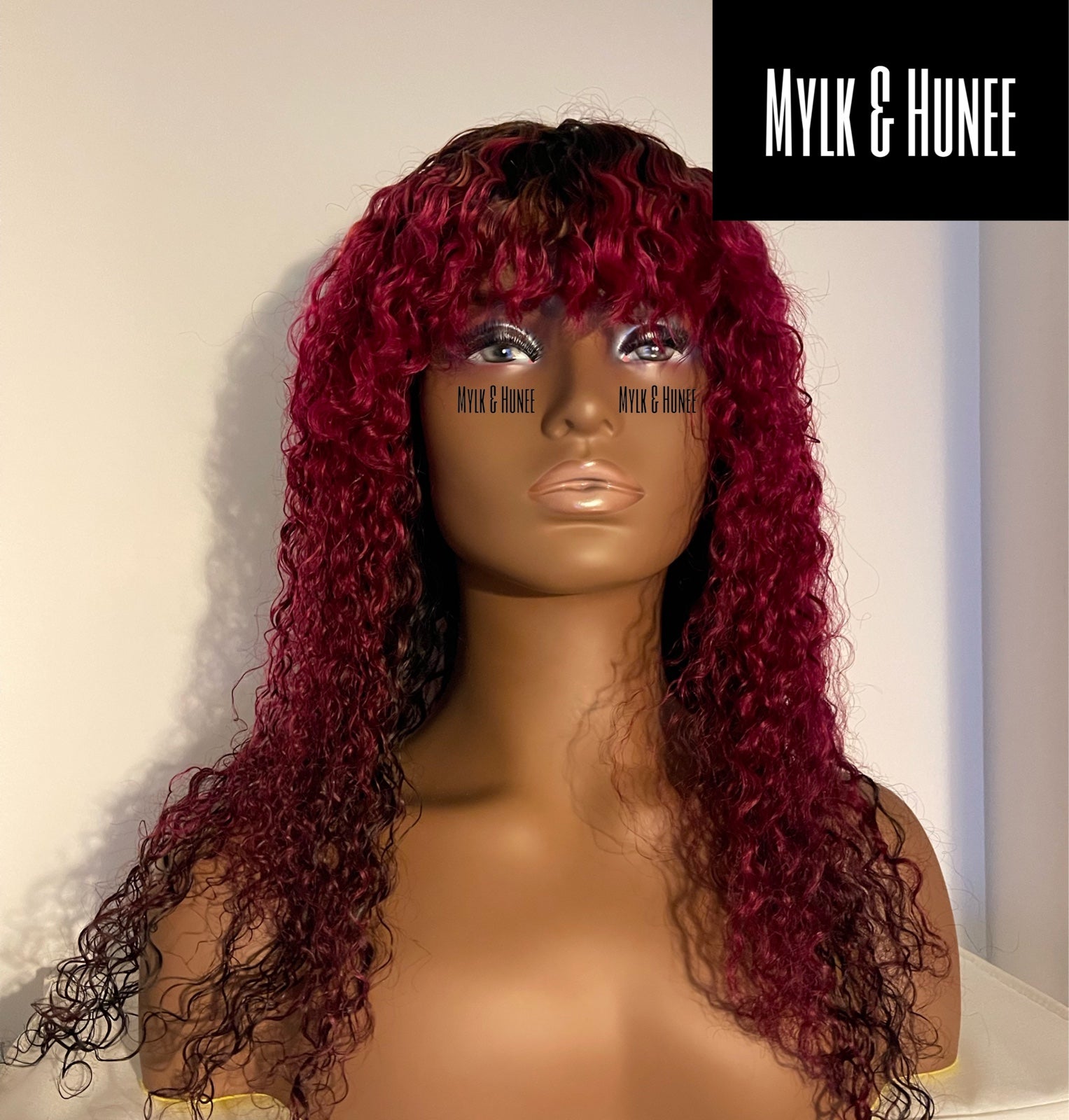 Red Ombré Kinky Curly Wig w/Bangs