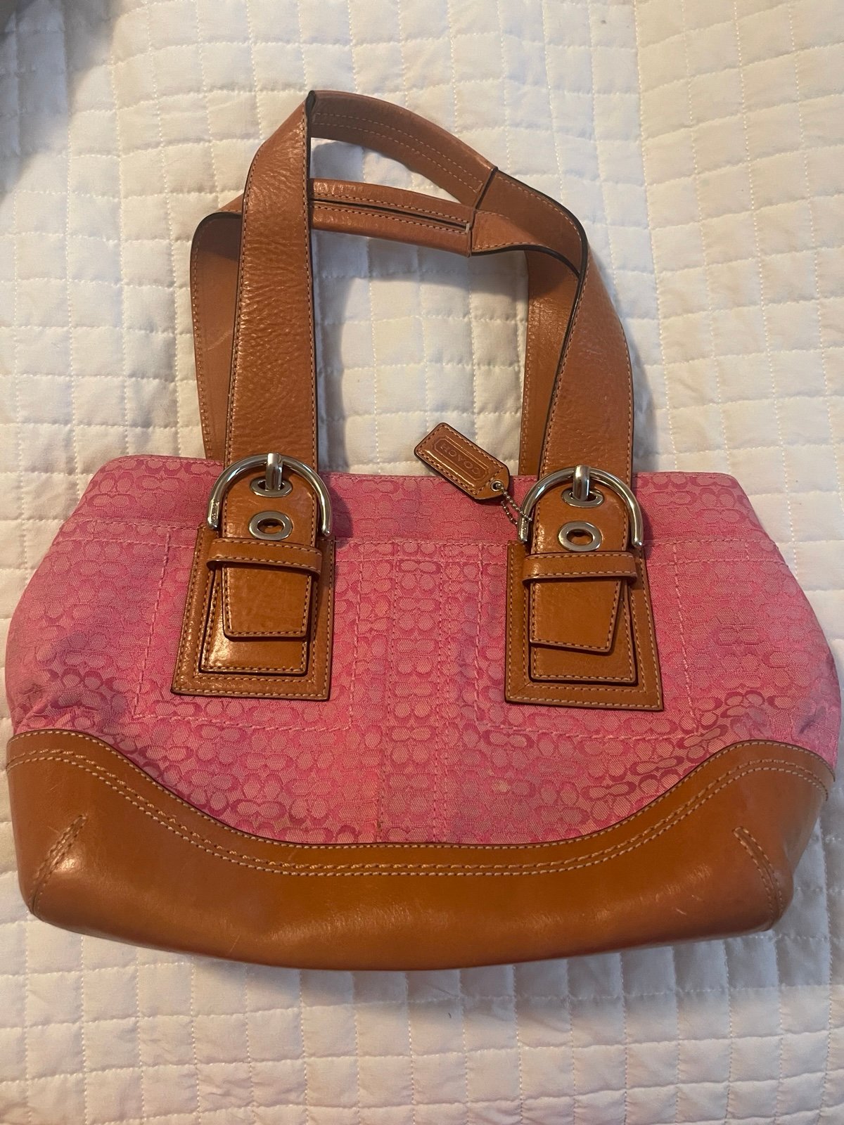 Coach Shoulder Purse in Pink w/leather trim. Size 13” wide; 8.5” tall