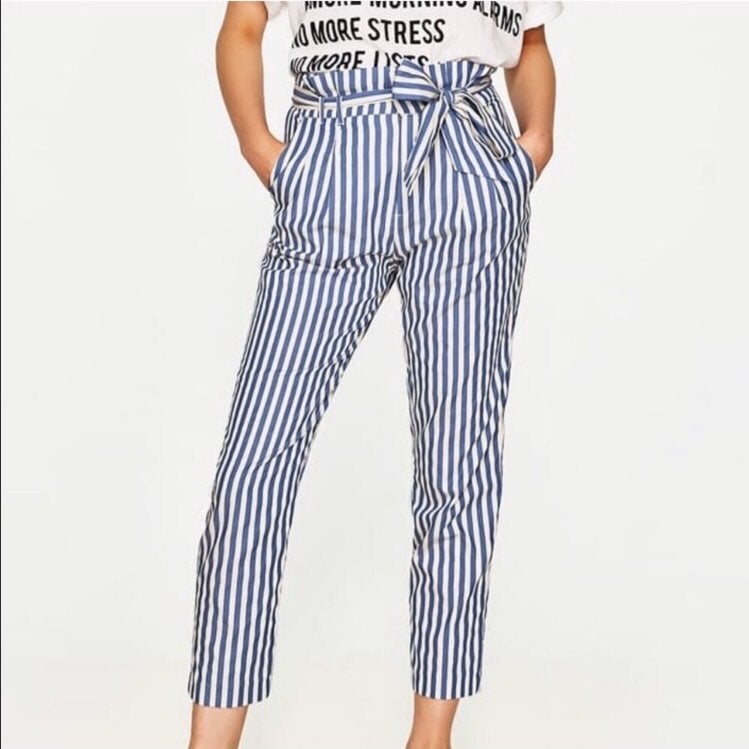 ZARA PAPERBAG COTTON PANTS WITH BELT NEW WITH TAGS BLUE XS