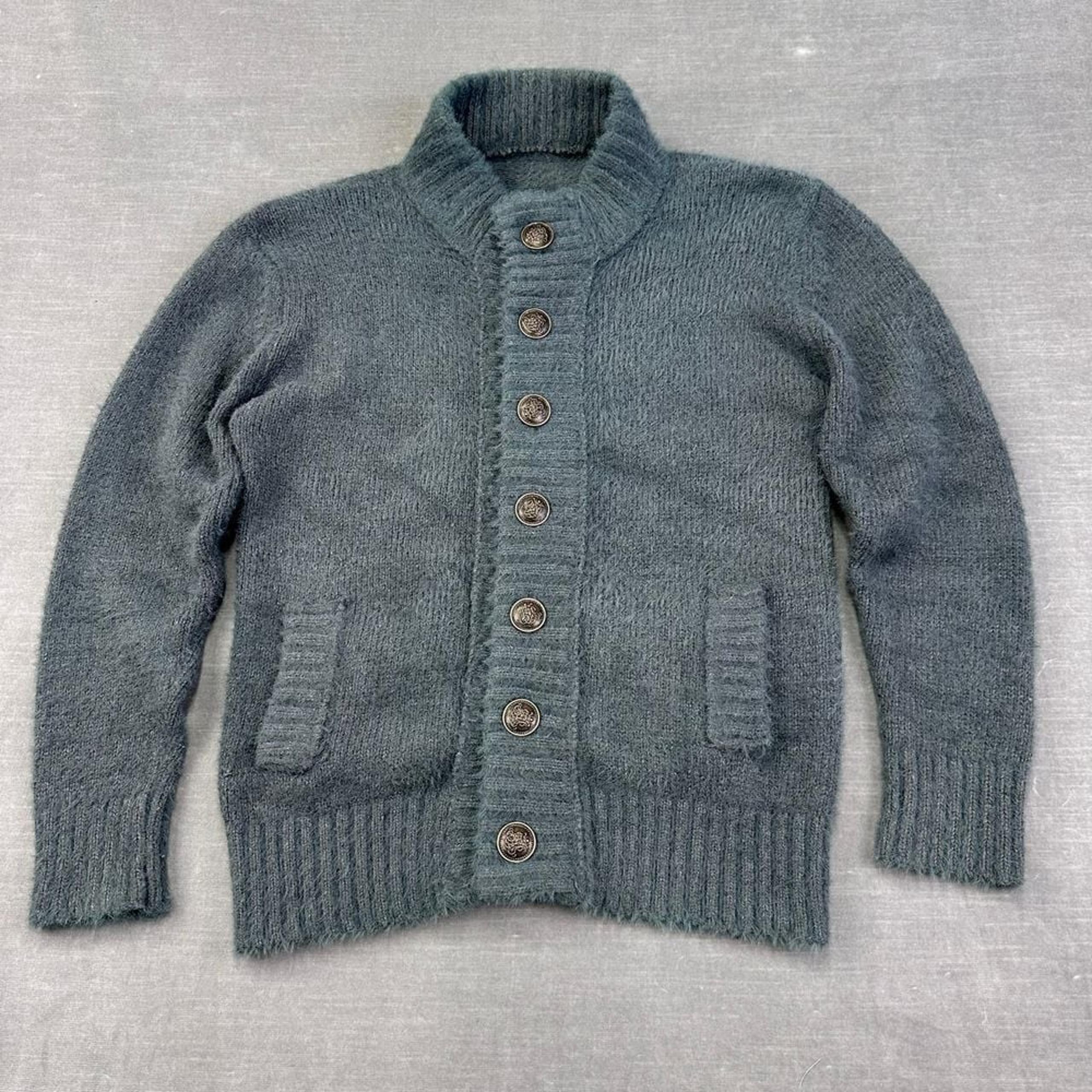 VTG Handknit Cardigan Sweater Mens Medium Green Long Sleeve Grandpa Comfort Cozy
