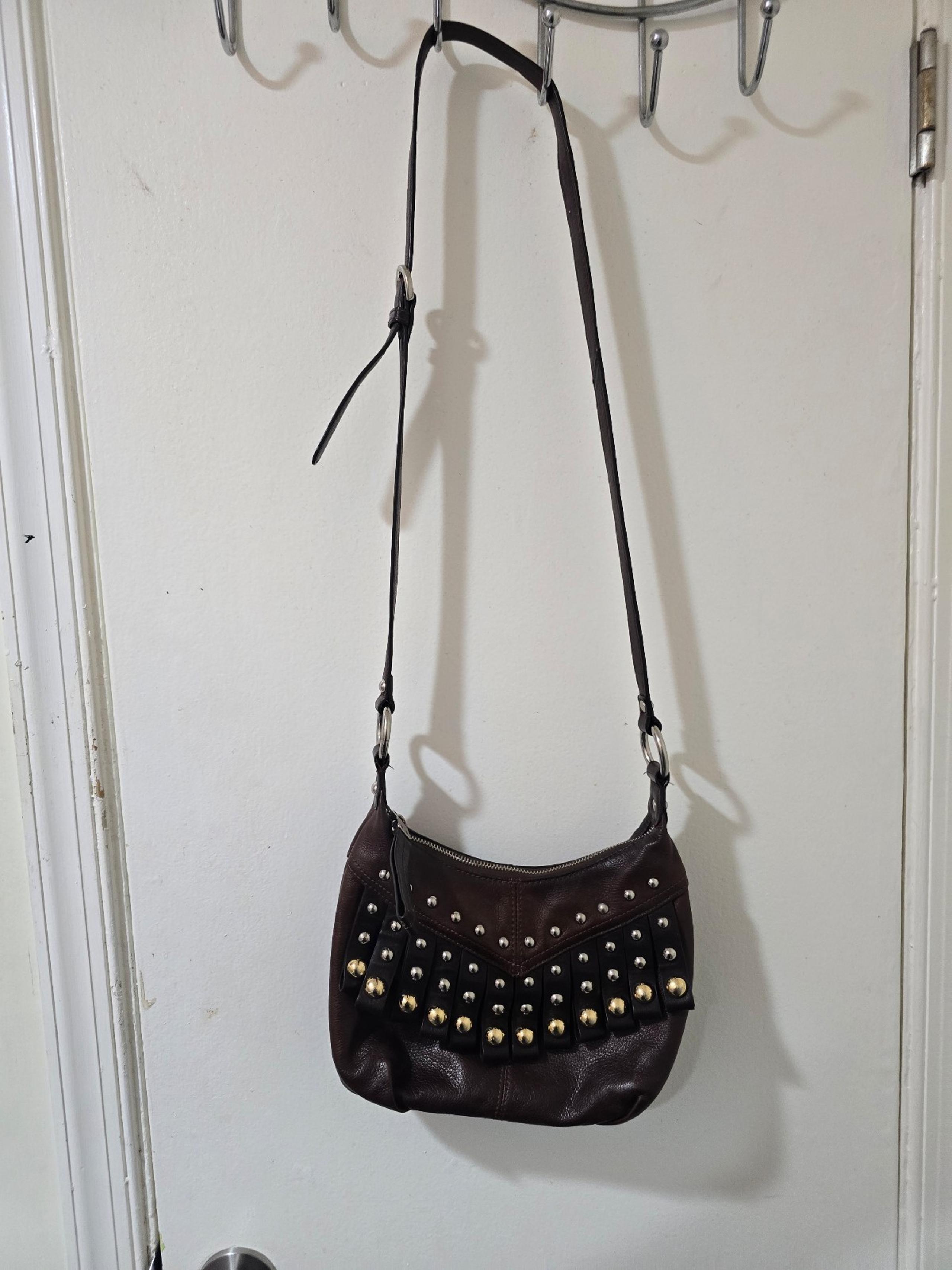B Makowsky Butter Soft Leather Western Boho Fringe Studded Crossbody Bag