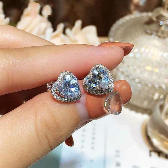 NEW 925 Silver Diamond Heart Earrings
