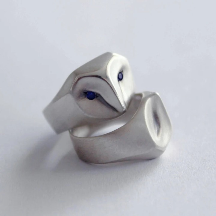 Owl Ring with Blue Sapphire Eyes, barn owl, animal jewelry, silver owl, owl jewe
